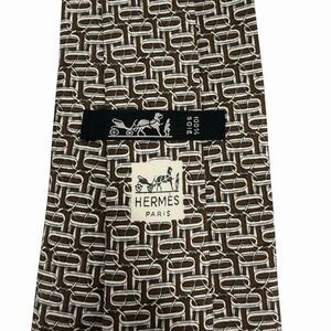 Hermes Men's Vtg Tie Equestrian Stirrups Brown/White Silk 635 TA 4" (W) 53" (L)
